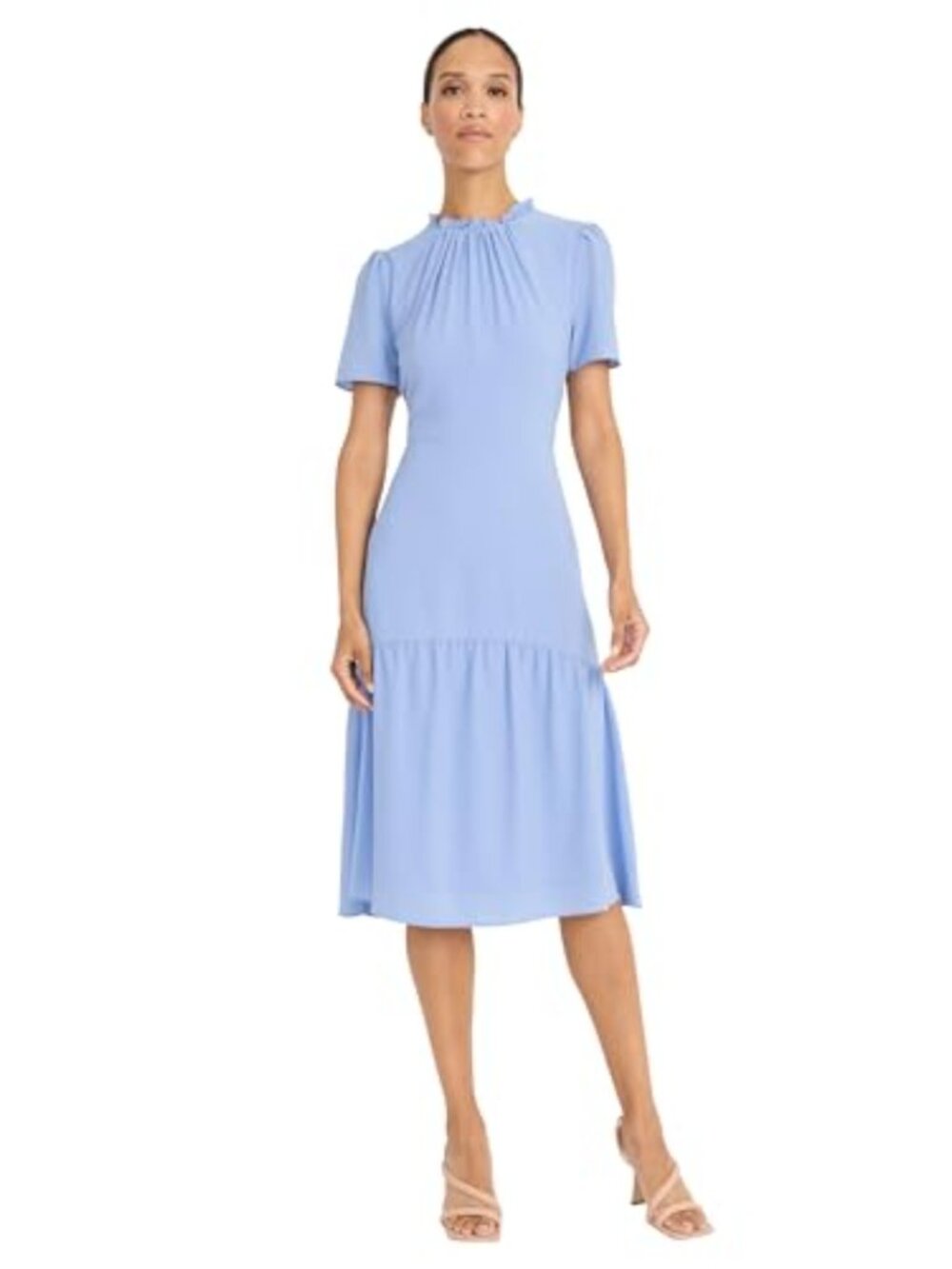 Elegant Ruffle Mock Neck Short Sleeve Midi A-line Cocktail Dress Wedding Guest